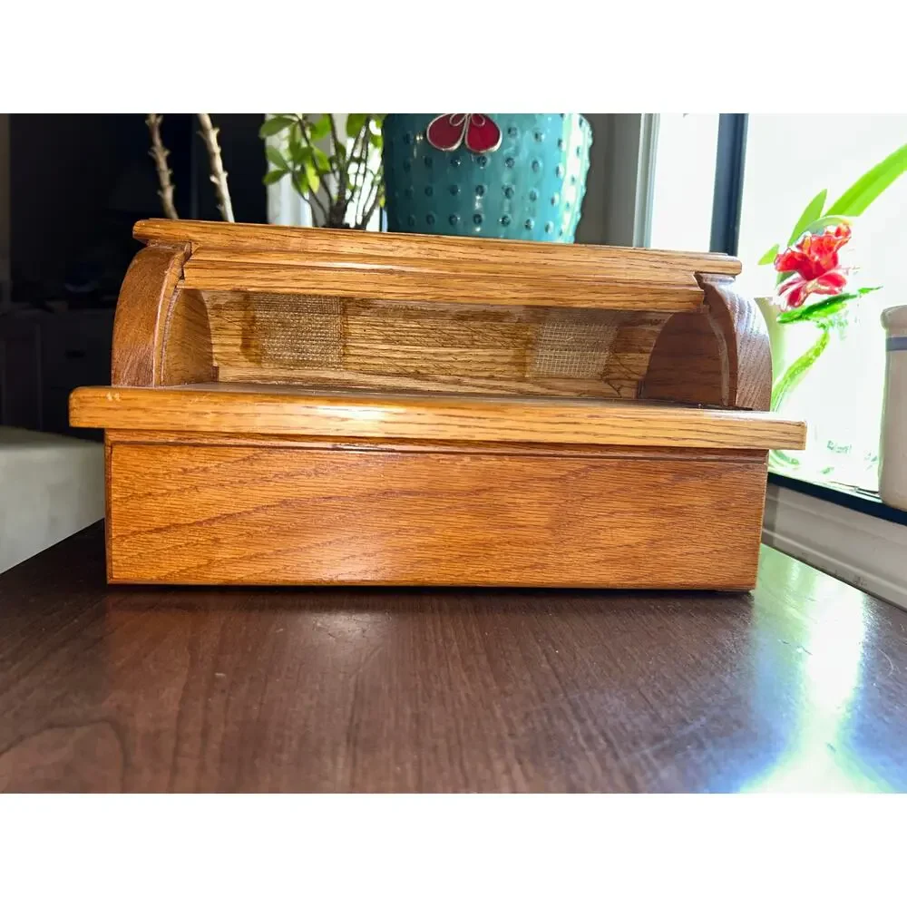 Vintage wood wooden roll-top Jewlery box with drawer bread box style